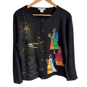 Belle Pointe Christmas Sweater XL Black Beaded Three Wiseman Party Holiday EUC